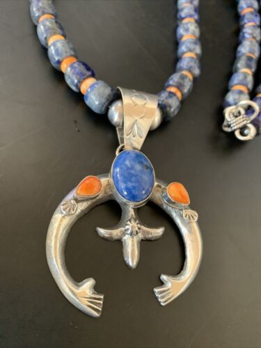 Navajo Blue Lapis Spiny Oyster Naja Pendant | Sterling Silver | Authentic Native American Handmade | 11491