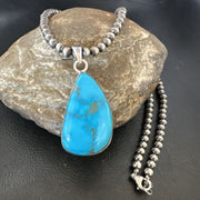Navajo Blue Kingman Turquoise Pendant with Pearls | Sterling Silver Necklace | 20" | 16702