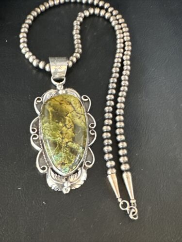 Navajo Green Turquoise Pendant Necklace | Sterling Silver Beads | Authentic Native American Handmade | 14852