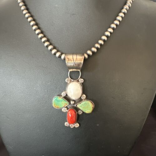 Navajo Green White Turquoise | Coral Pendant Necklace | Sterling Silver | Native American Handmade | 16831
