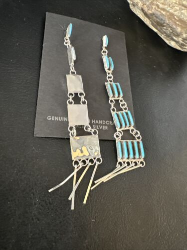 Zuni Kingman Turquoise Needle Point Dangle Earrings | Sterling Silver | 5 Tier | 14873