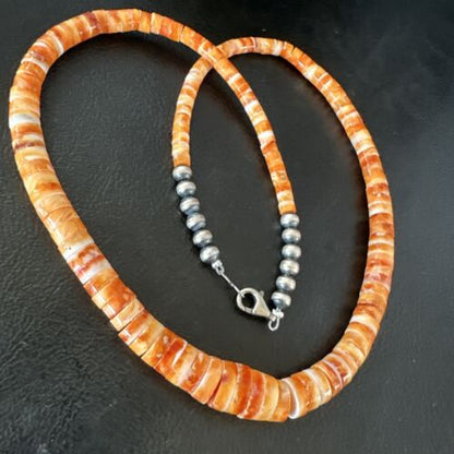 Navajo Graduated Orange Spiny Oyster Necklace | Sterling Silver | Authentic Native American | 18" | 16264