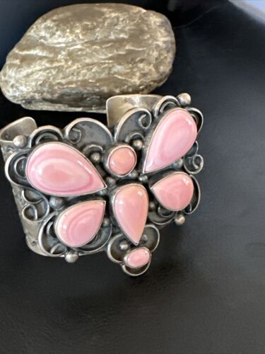 Navajo Butterfly Pink Conch Cuff Bracelet | Sterling Silver | Authentic Native American Handmade