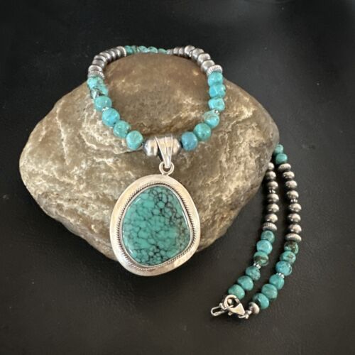 Men's Blue Spiderweb Turquoise Pendant Necklace | Navajo Sterling Silver | Authentic Native American Handmade | 17085