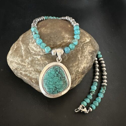 Men's Blue Spiderweb Turquoise Pendant Necklace | Navajo Sterling Silver | Authentic Native American Handmade | 17085