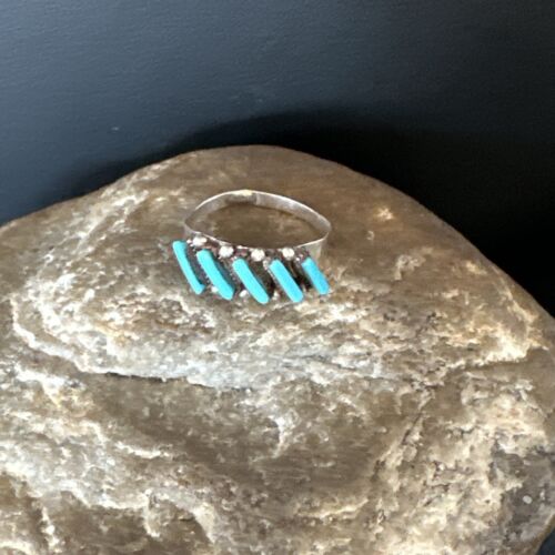 Zuni Blue Turquoise Needle Point Ring | Authentic Native American Sterling Silver | Multi-Stone | Sz 7.5 | 15399