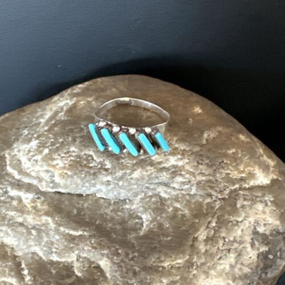 Zuni Blue Turquoise Needle Point Ring | Authentic Native American Sterling Silver | Multi-Stone | Sz 7 | 15397