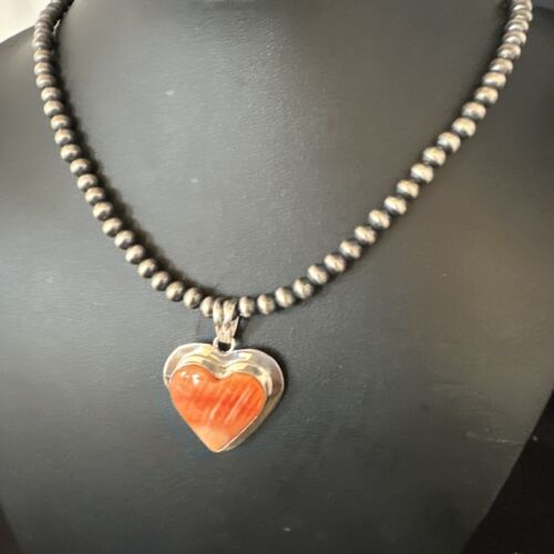 Navajo Orange Heart Spiny Oyster Pendant | Sterling Silver Necklace | Authentic Native American Handmade | 15015