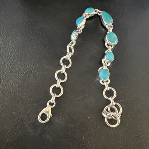 Navajo Blue Turquoise Link Bracelet | Sterling Silver | 8" | Authentic Native American Handmade | 15473