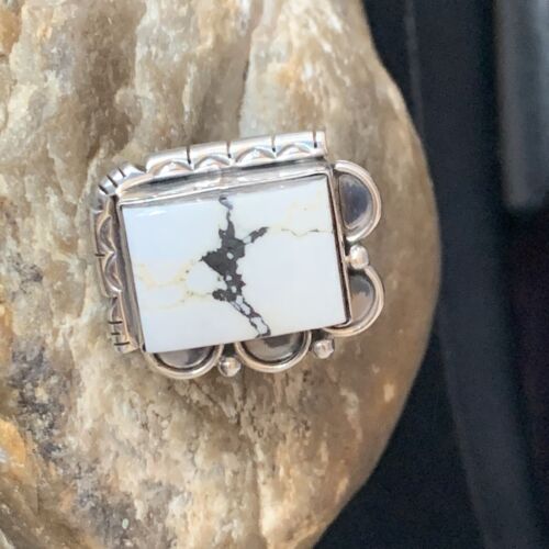 Navajo White Buffalo Turquoise Ring | Sterling Silver | Sz 8.5 | Authentic Native American Handmade | 13531