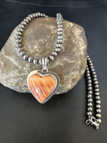 Navajo Orange Heart Spiny Oyster Pendant | Sterling Silver Necklace | Authentic Native American Handmade | 15006