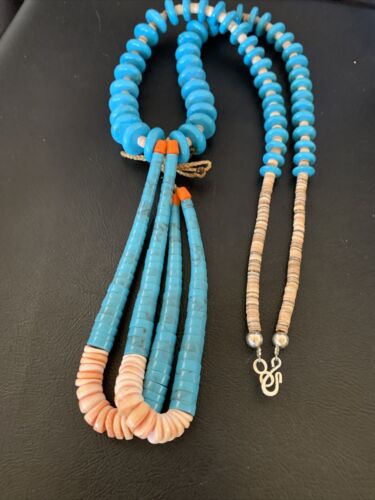 Santo Domingo Spiny Oyster Blue Turquoise Shell Jacla Necklace | 26" | Authentic Native American Handmade | 12514