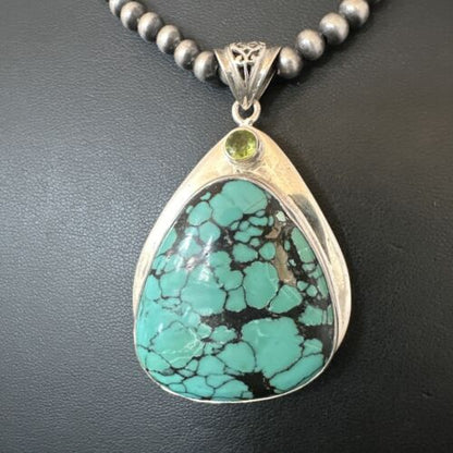 Men's Navajo Blue Spiderweb Turquoise Pendant Necklace | Sterling Silver | Authentic Native American Handmade | 16202