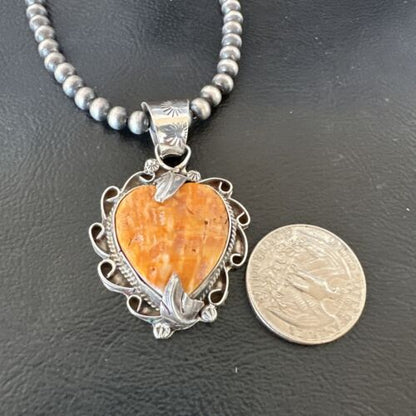 Navajo Orange Spiny Oyster Heart Pendant Necklace | Sterling Silver | Authentic Native American Handmade | 16297