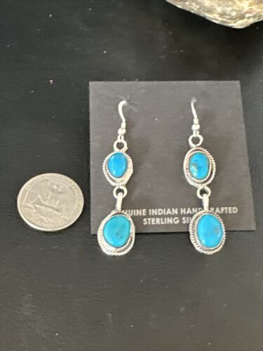 Kingman Turquoise Dangle Earrings | Navajo Handmade | Sterling Silver | Authentic Native American | 14864