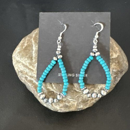 Navajo Teal Blue Turquoise 4mm Bead Earrings | Sterling Silver Pearls | 2" | Authentic Native American Handmade | 16823