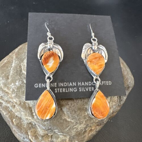 Navajo Orange Spiny Oyster Dangle Earrings | Sterling Silver | 1.5" | Authentic Native American Handmade | 16565