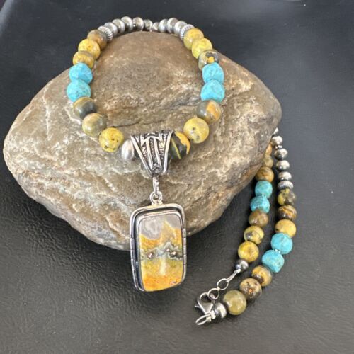 Men's BumbleBee Jasper Pendant Necklace | Navajo Pearls | Sterling Silver | Authentic Native American Handmade | 16873 - Masha USA