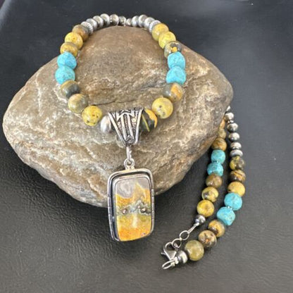 Men's BumbleBee Jasper Pendant Necklace | Navajo Pearls | Sterling Silver | Authentic Native American Handmade | 16873 - Masha USA