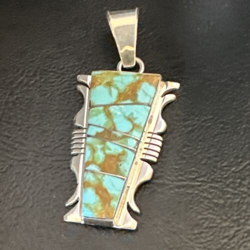 Navajo Blue #8 Turquoise Inlay Pendant | Sterling Silver | 2" | Authentic Native American Handmade | 15681