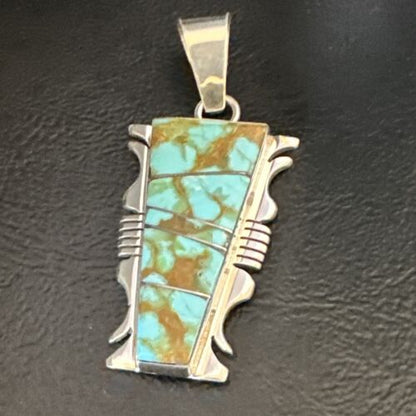 Navajo Blue #8 Turquoise Inlay Pendant | Sterling Silver | 2" | Authentic Native American Handmade | 15681