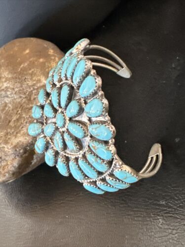 Navajo Blue Turquoise Cluster Cuff Bracelet | Sterling Silver | Old Pawn | Authentic Native American Handmade | 17220