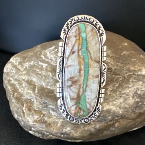 Navajo Ribbon Boulder Green Turquoise Ring | Sterling Silver | Sz 10 | Authentic Native American Handmade | 16253
