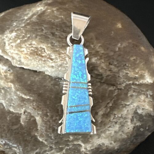 Navajo Blue Opal Inlay Pendant Necklace | Sterling Silver | Authentic Native American Handmade | 15672