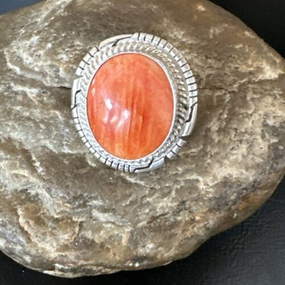 Navajo Orange Spiny Oyster Ring | Sterling Silver | Sz 8 | Authentic Native American Handmade | 16035