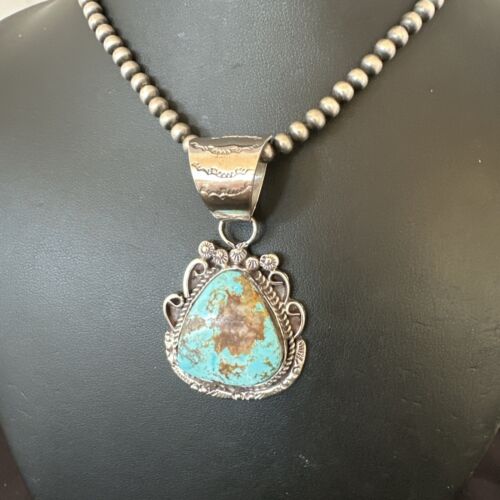 Navajo Royston Turquoise Pendant with Pearls | Sterling Silver Necklace | Authentic Native American Handmade | 17064