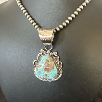 Navajo Royston Turquoise Pendant with Pearls | Sterling Silver Necklace | Authentic Native American Handmade | 17064
