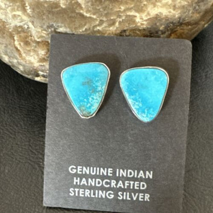 Navajo Blue Kingman Turquoise Post Stud Earrings | Sterling Silver | Authentic Native American Handmade | 17412