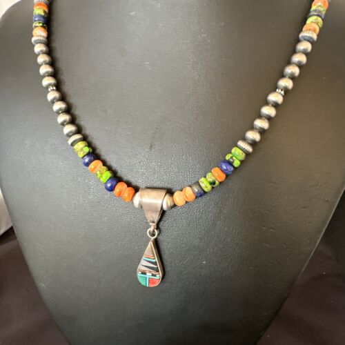 Navajo Spiny Oyster Turquoise Lapis Inlay Pendant Necklace | Sterling Silver | 21" | Authentic Native American Handmade | 16631
