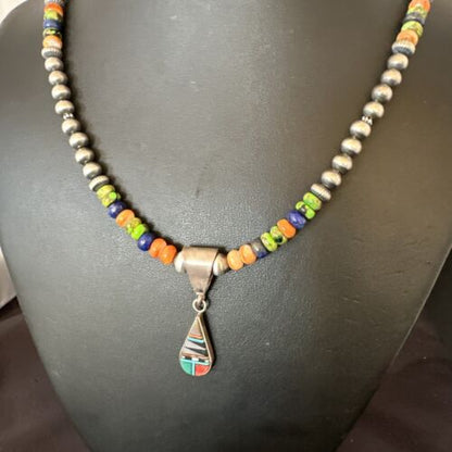 Navajo Spiny Oyster Turquoise Lapis Inlay Pendant Necklace | Sterling Silver | 21" | Authentic Native American Handmade | 16631