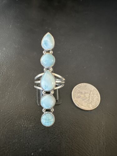 Navajo Blue Larimar Cluster Ring | Authentic Native American Sterling Silver | Multi-Stone | Sz 8 | 15979