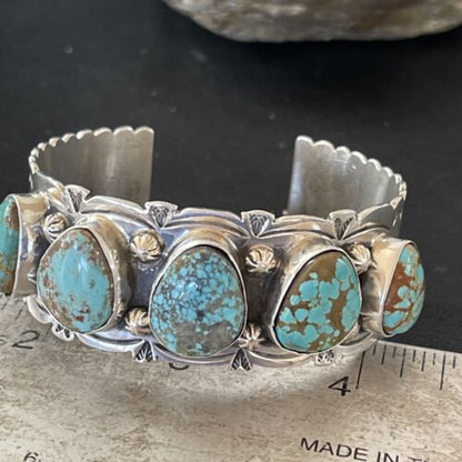 Navajo Blue #8 Turquoise Cuff Bracelet | Sterling Silver | 5 Stones | Authentic Native American Handmade | 01884