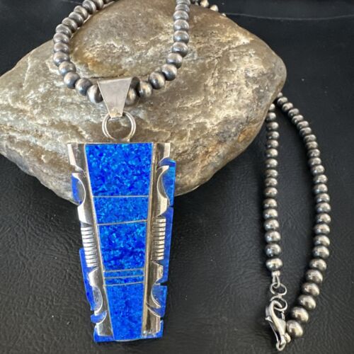 Blue Opal Pendant Necklace | Navajo Pearls & Sterling Silver Beads | Authentic Native American | 15181