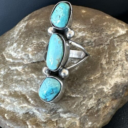 Navajo Blue Turquoise Cluster Ring | Authentic Native American Sterling Silver | Multi-Stone | Sz 7 | 17841