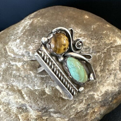 Navajo Turquoise Multi-Stone Adjustable Ring | Authentic Native American Sterling Silver | Sz 5 | 16891