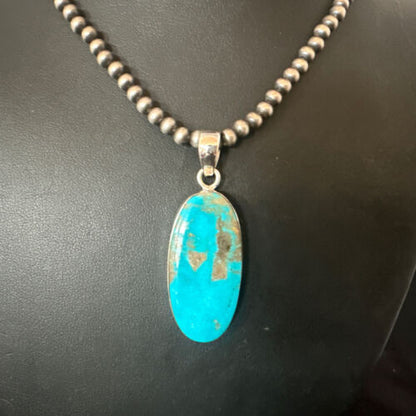 Navajo Blue Kingman Turquoise Pendant Necklace | Sterling Silver | 20" | Authentic Native American Handmade | 16693