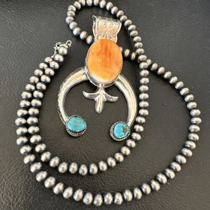 Navajo Blue Turquoise Orange Spiny Oyster Naja Pendant | Sterling Silver | Native American Handmade | 16410