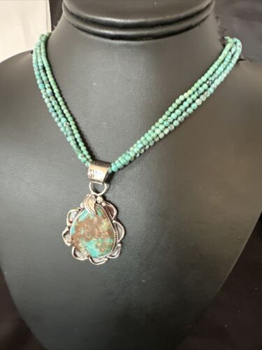 Navajo Blue Turquoise Pendant | Sterling Silver 3-Strand Bead Necklace | 17" | Authentic Native American Handmade | 15995