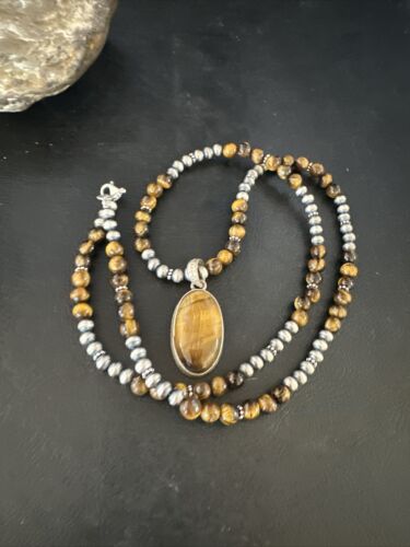 Navajo Coffee Tiger's Eye Pendant Necklace | Sterling Silver | 26" | Authentic Native American Handmade | 14886