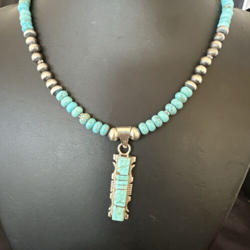 Men's and Women's Turquoise #8 Inlay Pendant Necklace | Navajo Sterling Silver | Authentic Native American Handmade | 17075