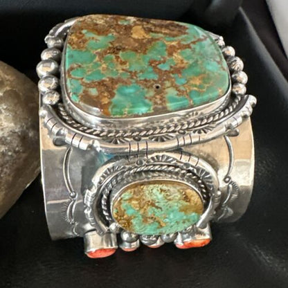 Navajo Green Royston Turquoise Spiny Oyster Cuff Bracelet | Sterling Silver | Authentic Native American Handmade | 15364
