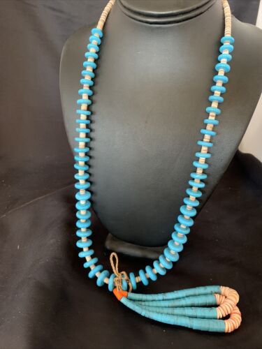 Santo Domingo Spiny Oyster Blue Turquoise Shell Jacla Necklace | 26" | Authentic Native American Handmade | 12514