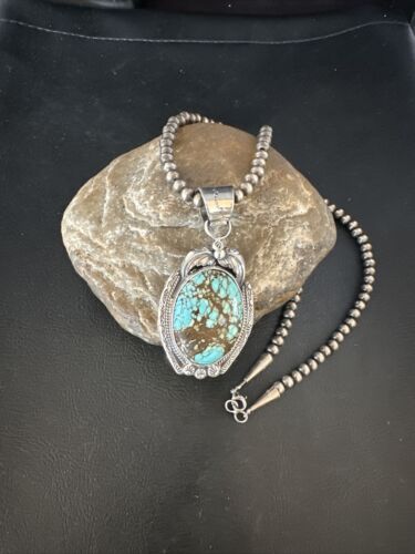Navajo Pearls Sterling Silver Necklace with Blue Turquoise #8 Pendant | Authentic Native American Handmade | 14859