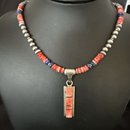 Navajo Pearls Sterling Silver Necklace | Lapis & Red Spiny Oyster Pendant | 17051