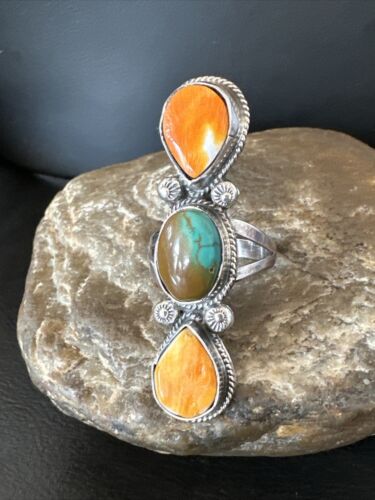 Navajo Green Turquoise Spiny Oyster Multi-Stone Ring | Authentic Native American Sterling Silver | Sz 11 | 16728