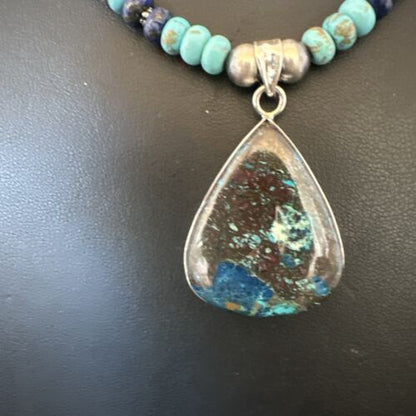 Navajo Blue Turquoise Jasper Pendant with Lapis | Sterling Silver Necklace | Native American Handmade | 16928